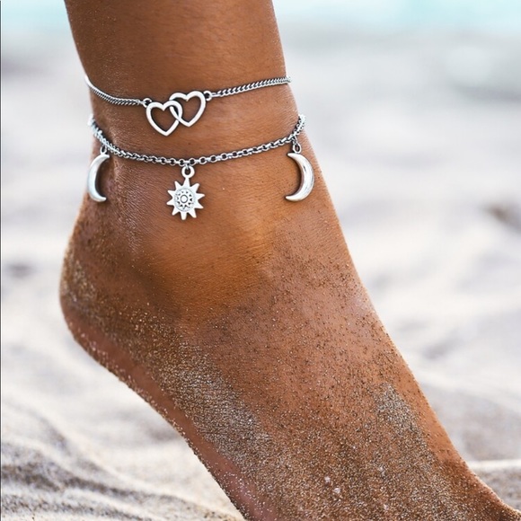 Silver Layered Star Heart and Moon Anklet - Picture 2 of 2